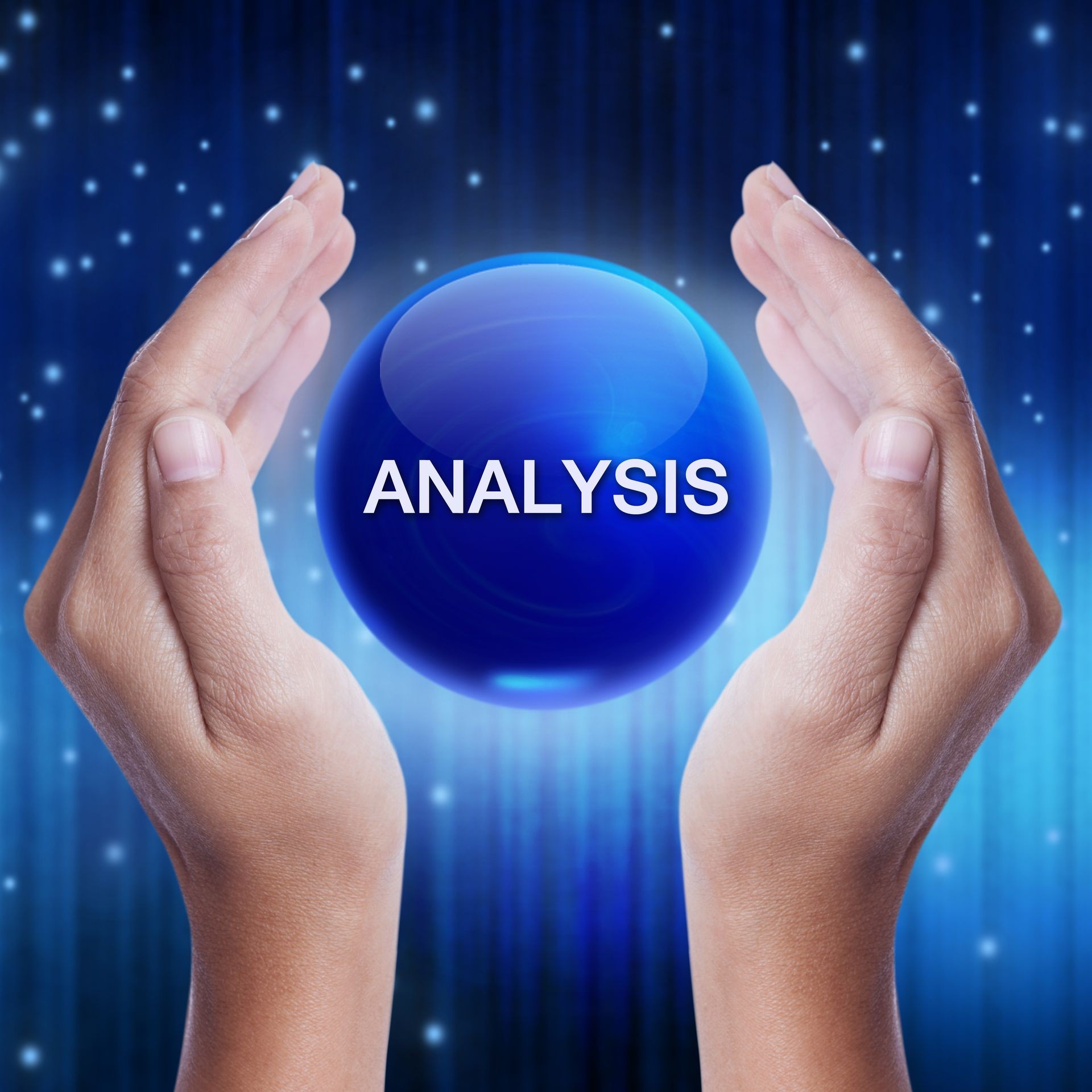 Hand showing blue crystal ball with analysis word. business concept